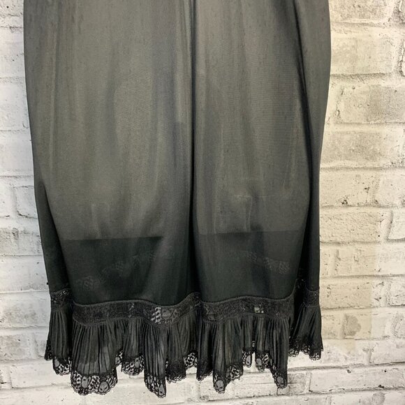 Vintage Babydoll Slip Dress Black Satin Sheer Lace Trim Ruffle Nightgown - Picture 7 of 13